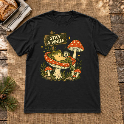 Stay A While Mushroom Frog Graphic Tee on Black Everyday Soft Tee