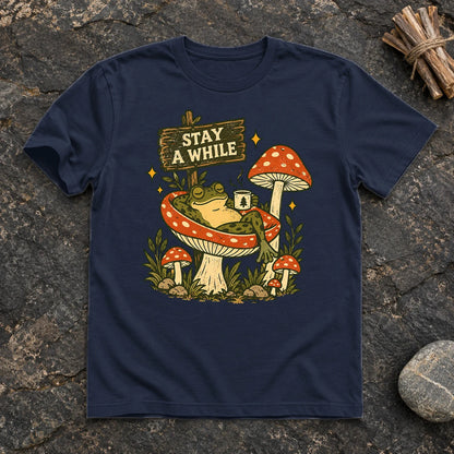 Stay A While Mushroom Frog Graphic Tee on Navy Everyday Soft Tee
