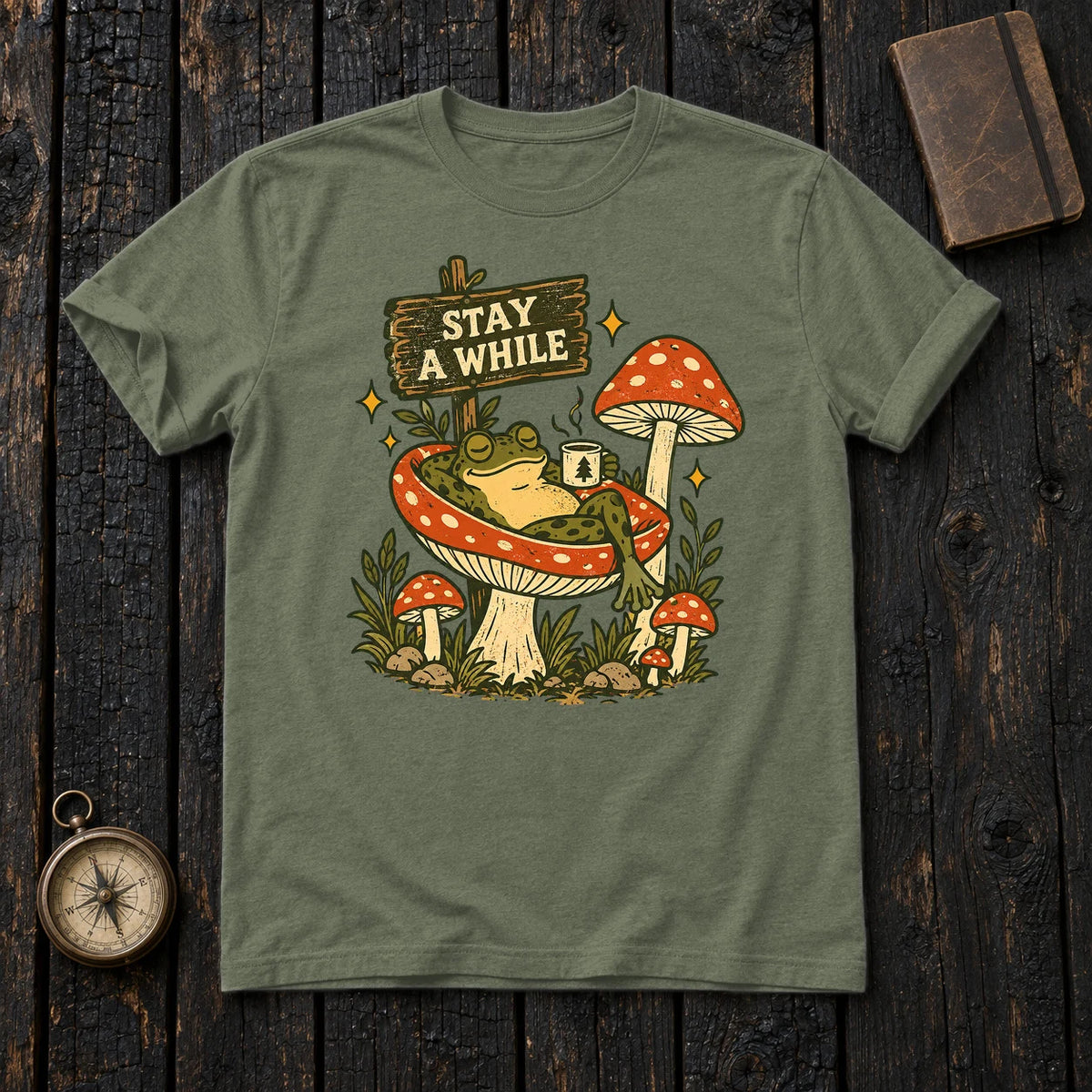 Stay A While Mushroom Frog Graphic Tee on Military Green Everyday Soft Tee