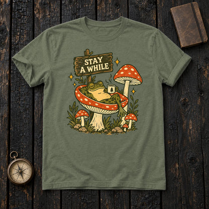 Stay A While Mushroom Frog Graphic Tee on Military Green Everyday Soft Tee