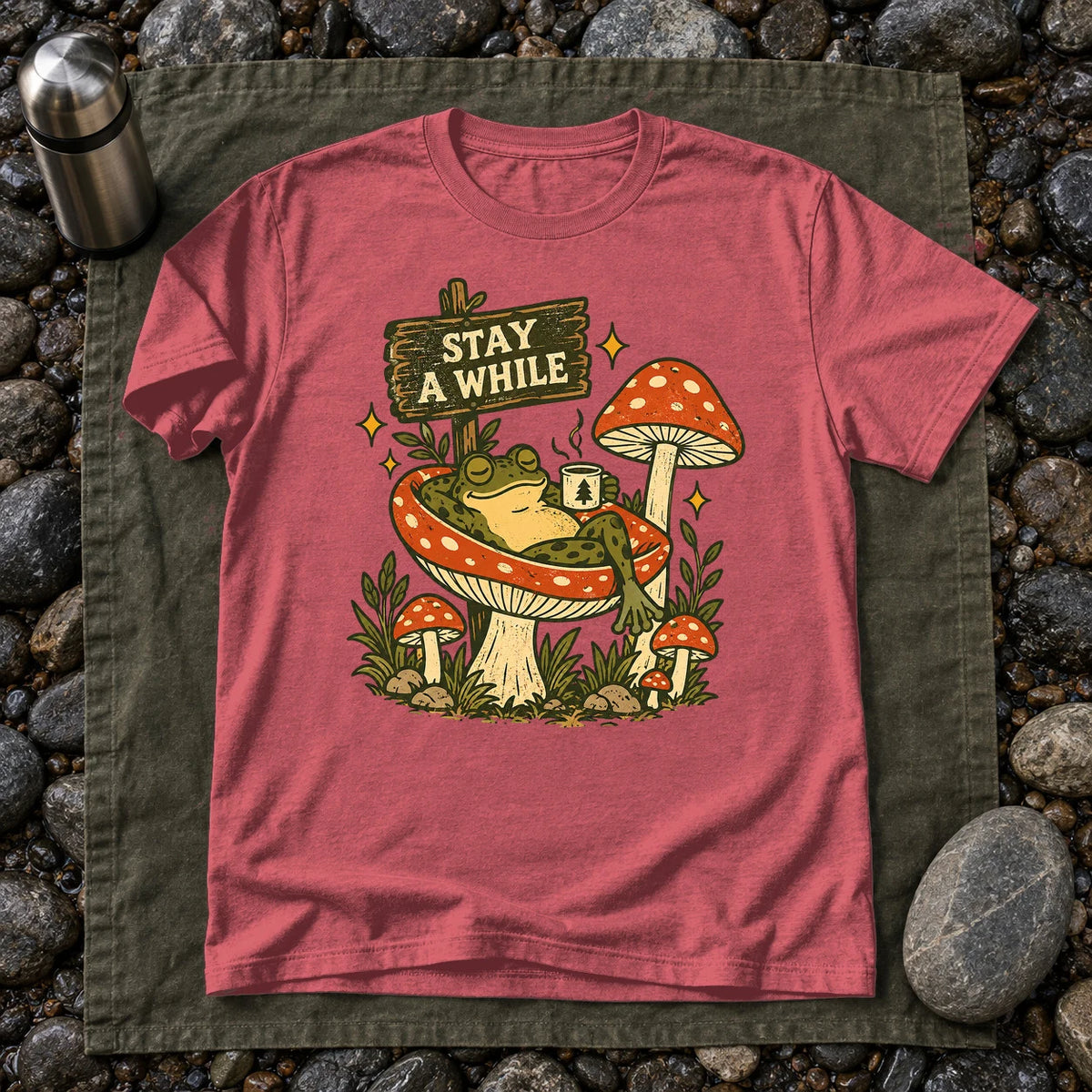 Stay A While Mushroom Frog Graphic Tee on Heather Red Everyday Soft Tee