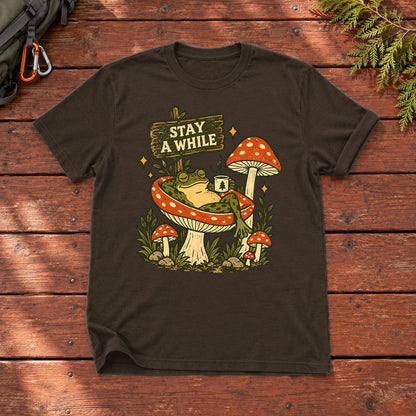 Stay A While Mushroom Frog Graphic Tee on Dark Chocolate Everyday Soft Tee