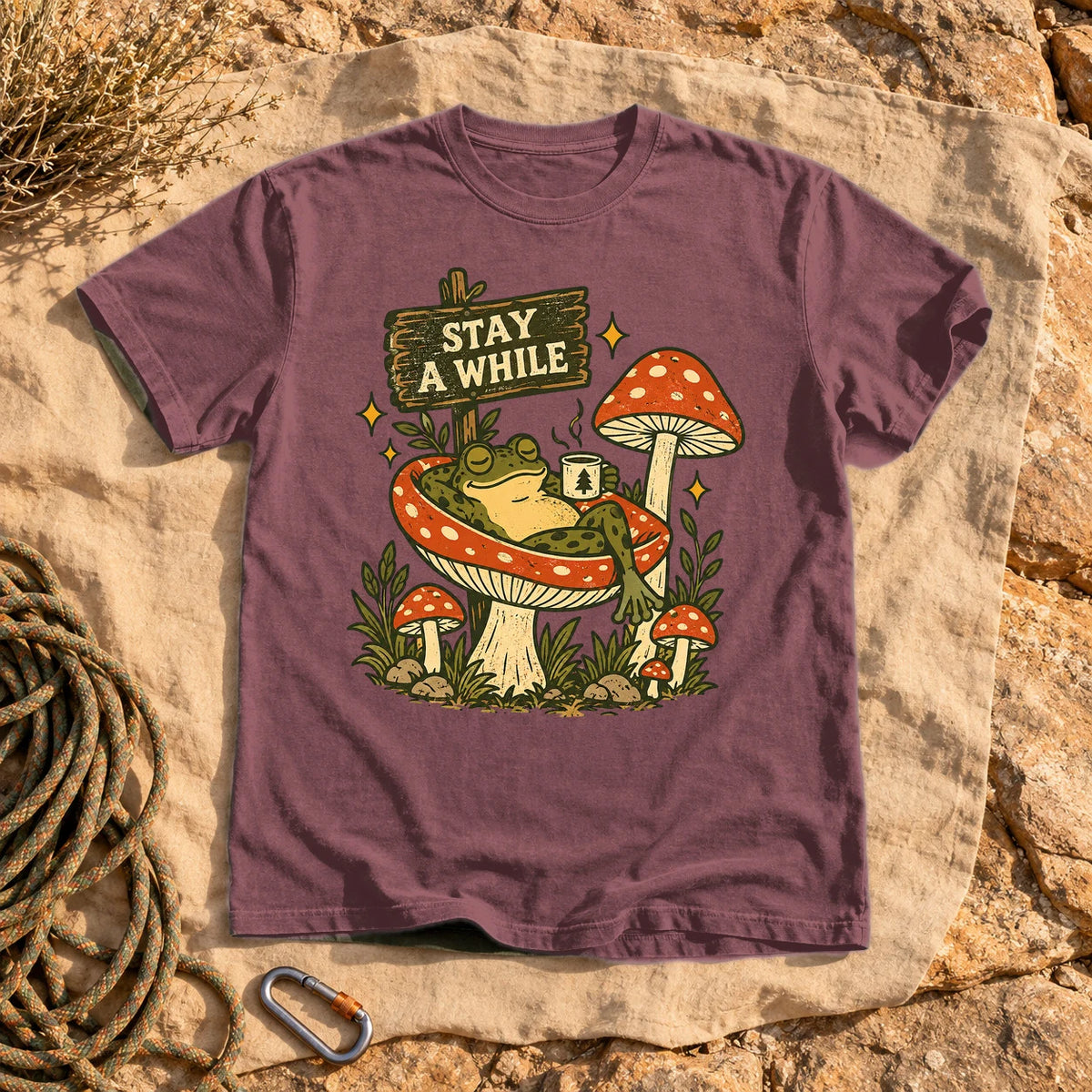 Stay A While Mushroom Frog Graphic Tee on Brick Premium Tee