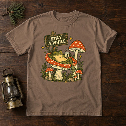 Stay A While Mushroom Frog Graphic Tee on Espresso Premium Tee