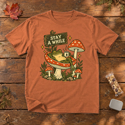 Stay A While Mushroom Frog Graphic Tee on Yam Premium Tee
