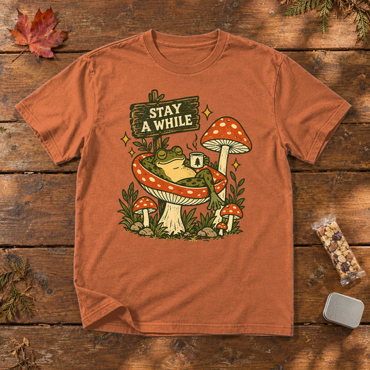 Stay A While Mushroom Frog Graphic Tee on Yam Premium Tee