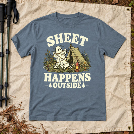 Sheet Happens Camping Ghost Graphic Tee on Heather Indigo Everyday Soft Tee