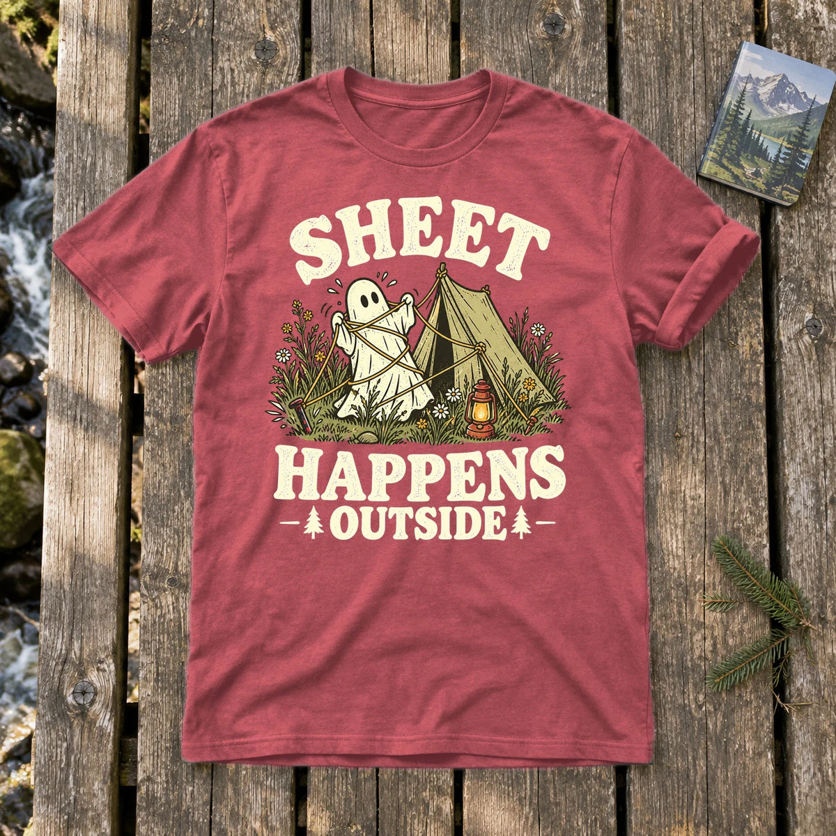 Sheet Happens Camping Ghost Graphic Tee on Heather Red Everyday Soft Tee