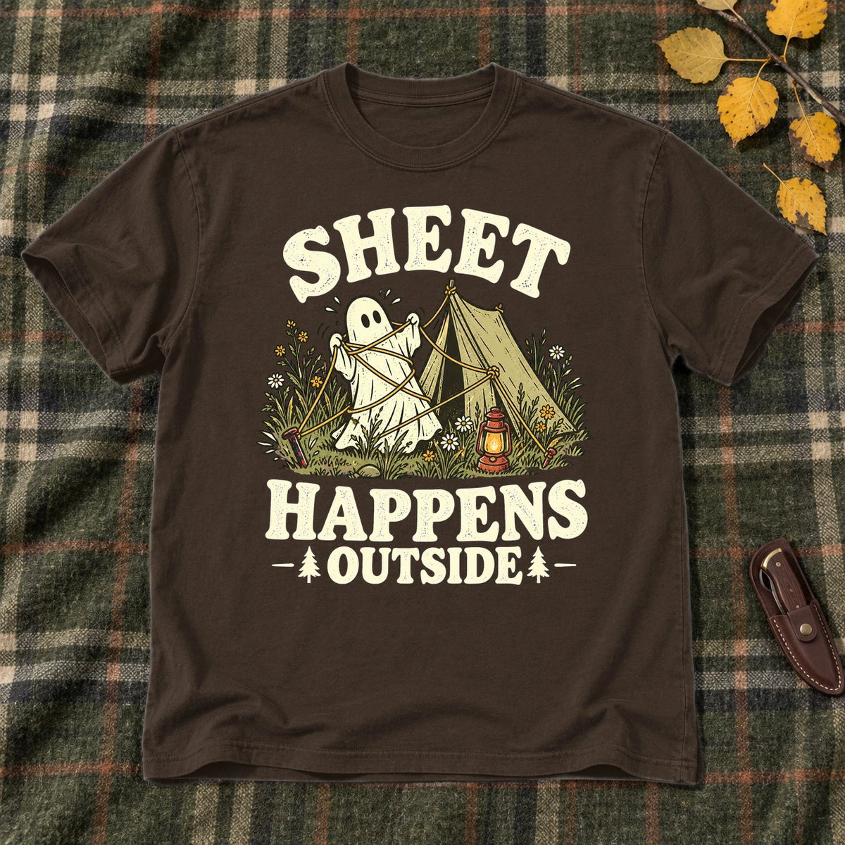Sheet Happens Camping Ghost Graphic Tee on Dark Chocolate Everyday Soft Tee
