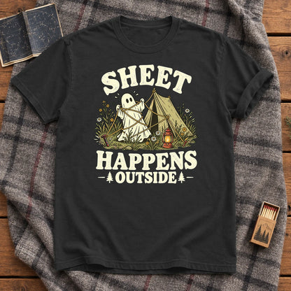 Sheet Happens Camping Ghost Graphic Tee on Black Premium Tee