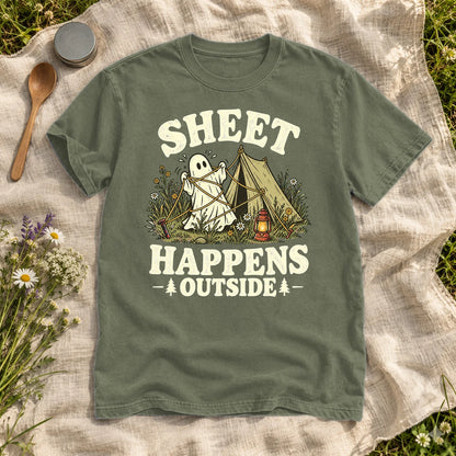 Sheet Happens Camping Ghost Graphic Tee on Moss Premium Tee