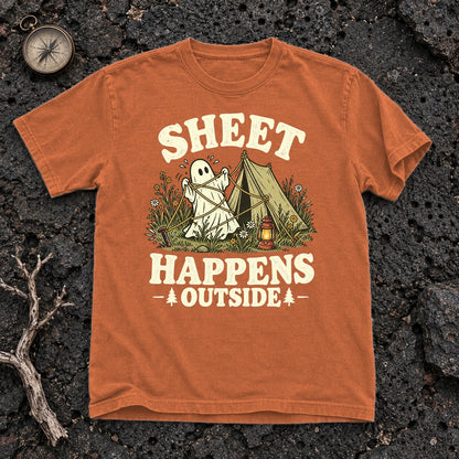 Sheet Happens Camping Ghost Graphic Tee on Yam Premium Tee