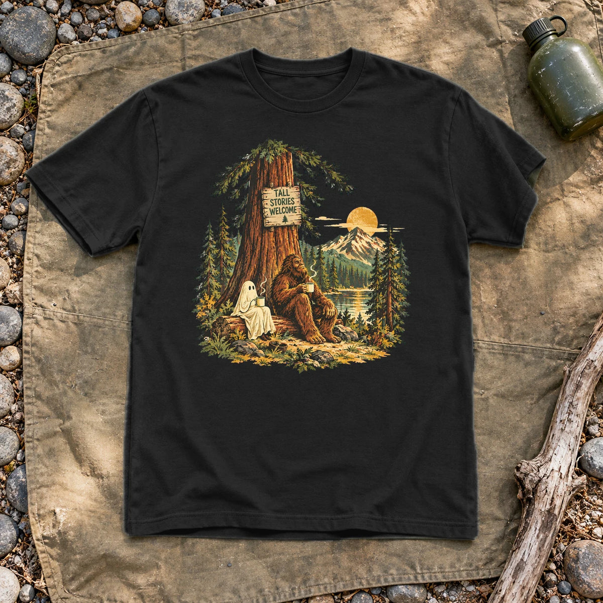 Tall Stories Bigfoot & Ghost Graphic Tee on Black Everyday Soft Tee