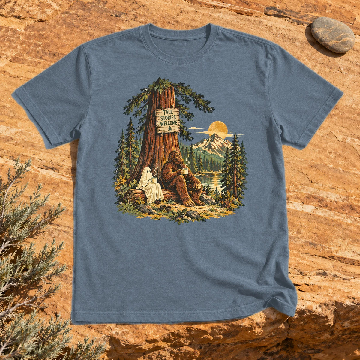 Tall Stories Bigfoot & Ghost Graphic Tee on Heather Indigo Everyday Soft Tee