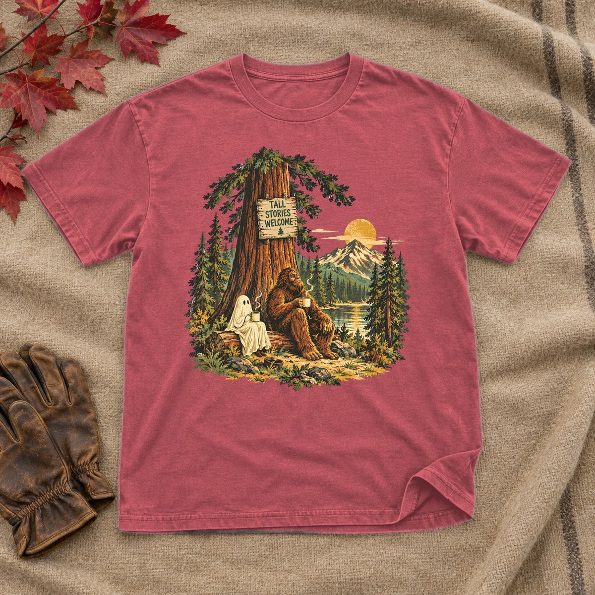 Tall Stories Bigfoot & Ghost Graphic Tee on Heather Red Everyday Soft Tee
