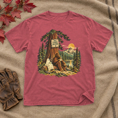 Tall Stories Bigfoot & Ghost Graphic Tee on Heather Red Everyday Soft Tee
