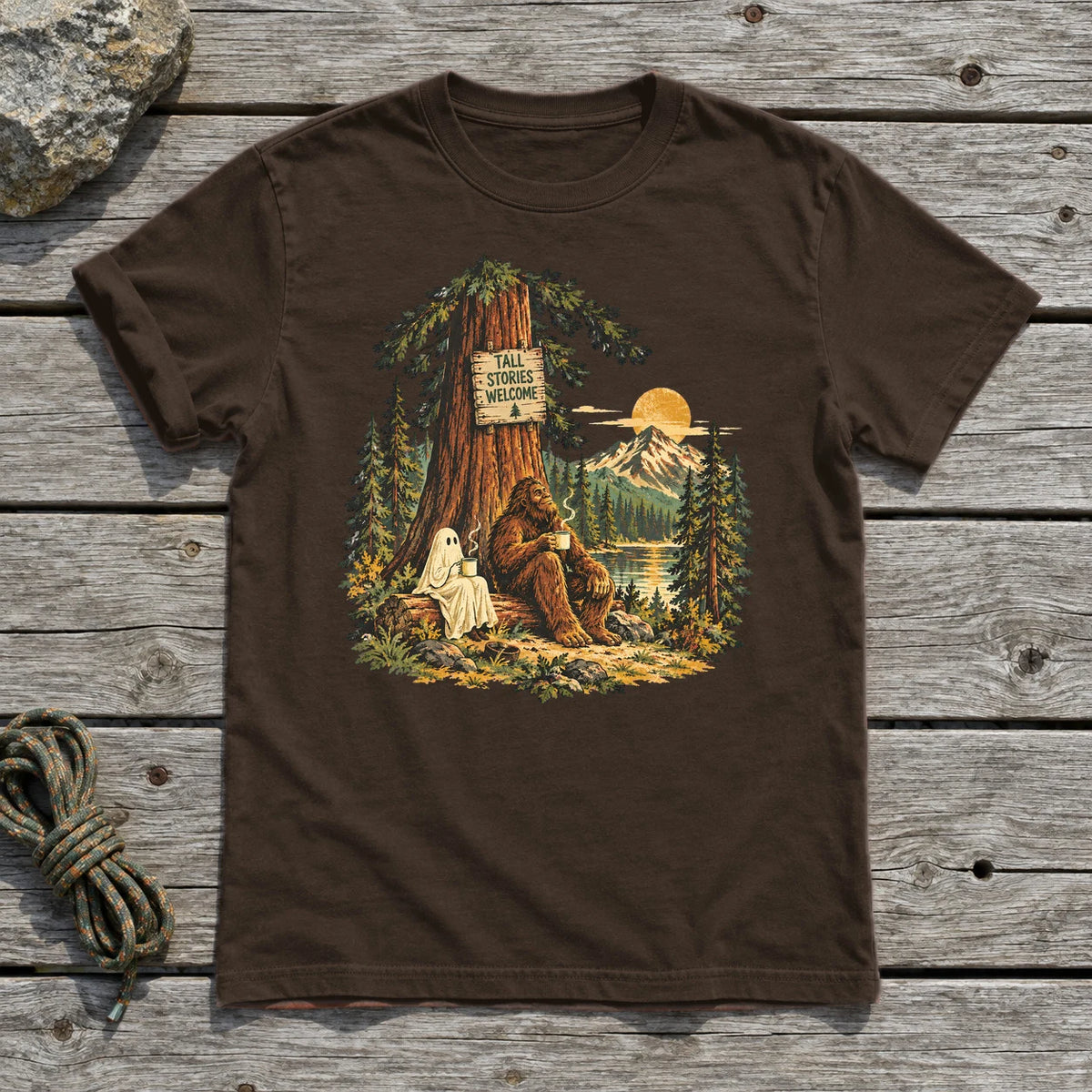 Tall Stories Bigfoot & Ghost Graphic Tee on Dark Chocolate Everyday Soft Tee