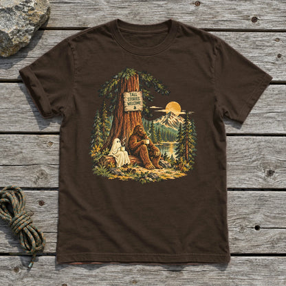 Tall Stories Bigfoot & Ghost Graphic Tee on Dark Chocolate Everyday Soft Tee