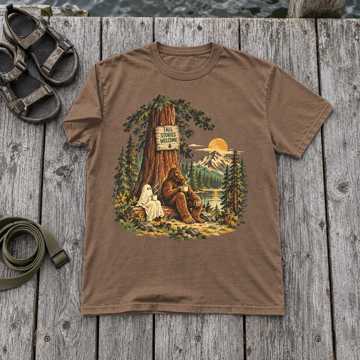 Tall Stories Bigfoot & Ghost Graphic Tee on Espresso Premium Tee