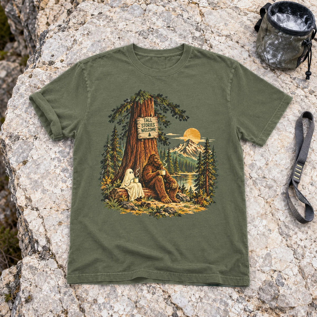 Tall Stories Bigfoot & Ghost Graphic Tee on Moss Premium Tee