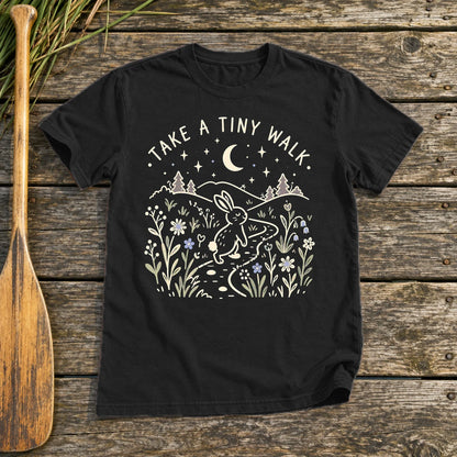 Take A Tiny Walk Bunny Graphic Tee on Black Everyday Soft Tee