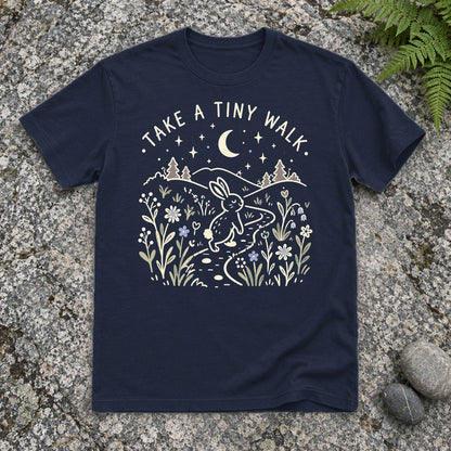 Take A Tiny Walk Bunny Graphic Tee on Navy Everyday Soft Tee