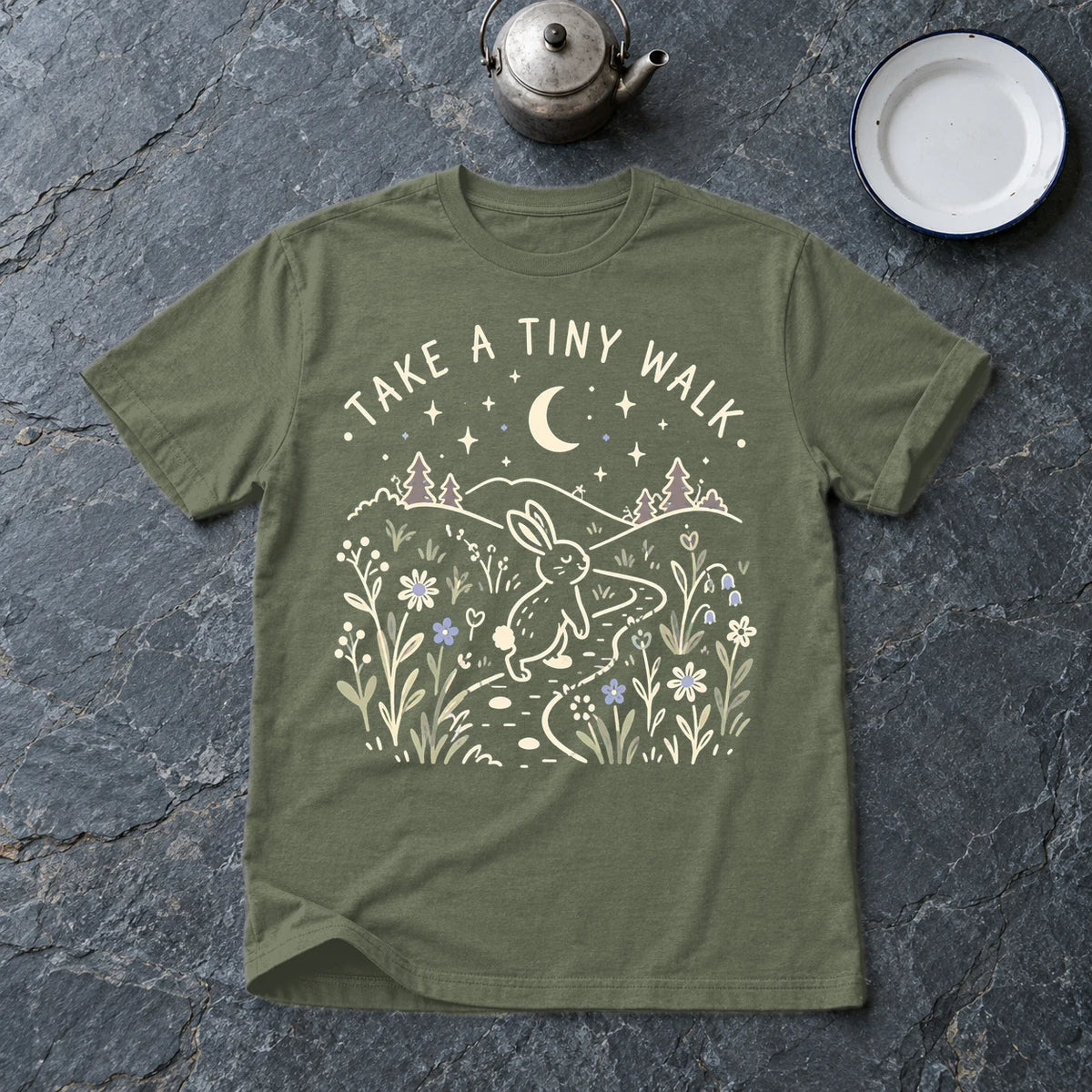 Take A Tiny Walk Bunny Graphic Tee on Military Green Everyday Soft Tee