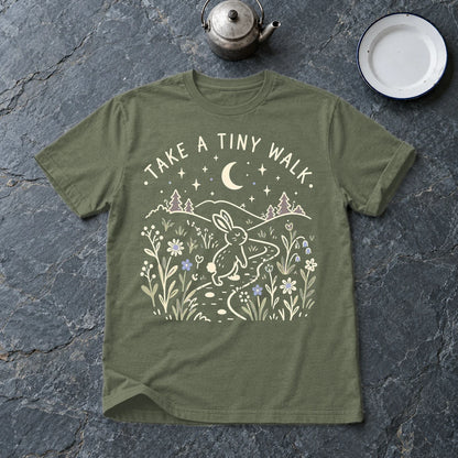 Take A Tiny Walk Bunny Graphic Tee on Military Green Everyday Soft Tee