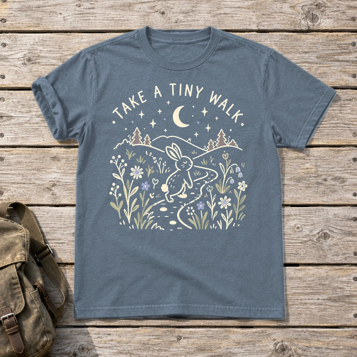 Take A Tiny Walk Bunny Graphic Tee on Heather Indigo Everyday Soft Tee