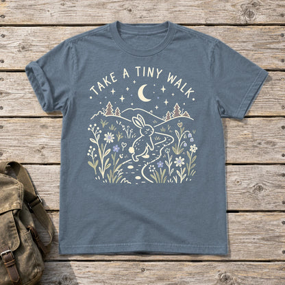 Take A Tiny Walk Bunny Graphic Tee on Heather Indigo Everyday Soft Tee