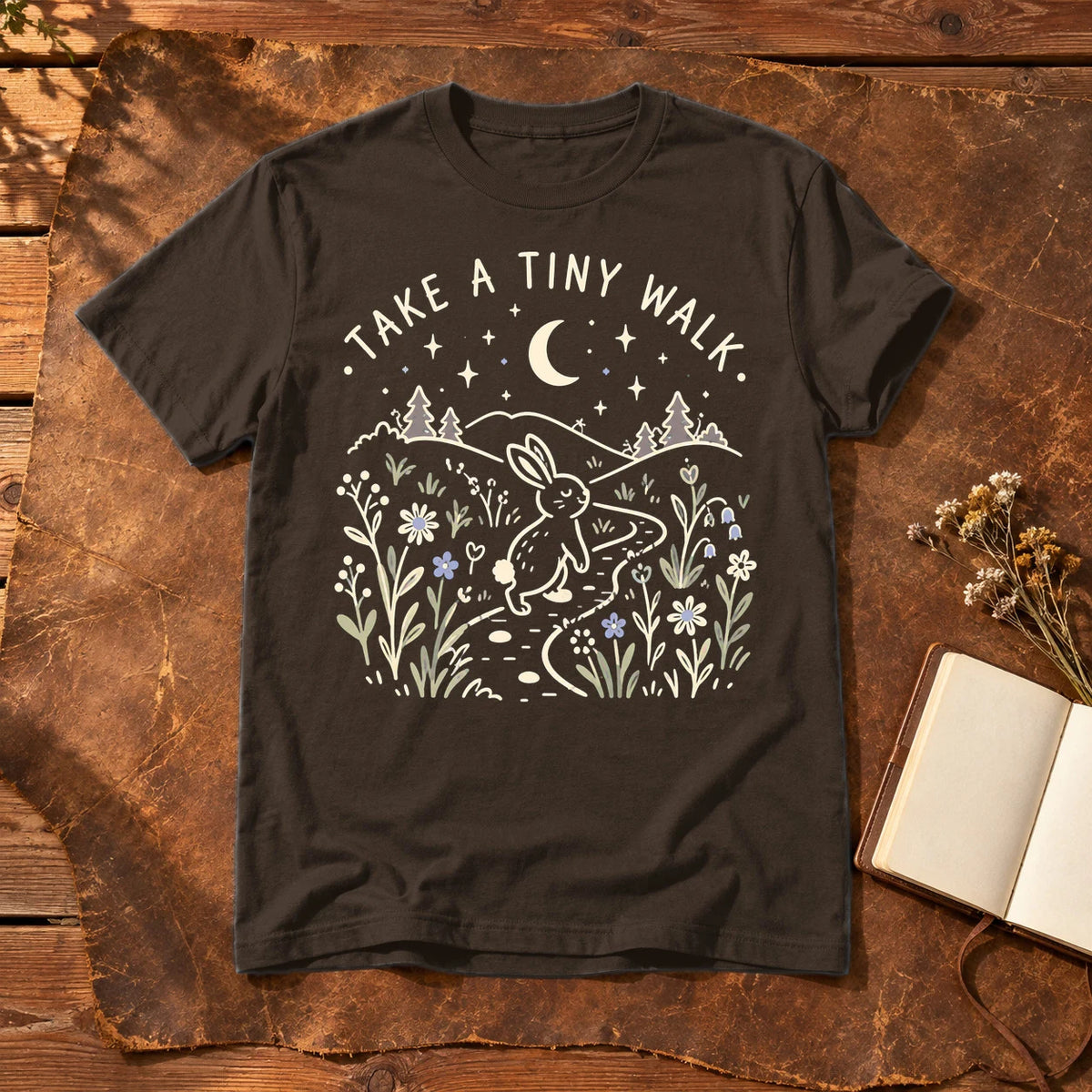 Take A Tiny Walk Bunny Graphic Tee on Dark Chocolate Everyday Soft Tee