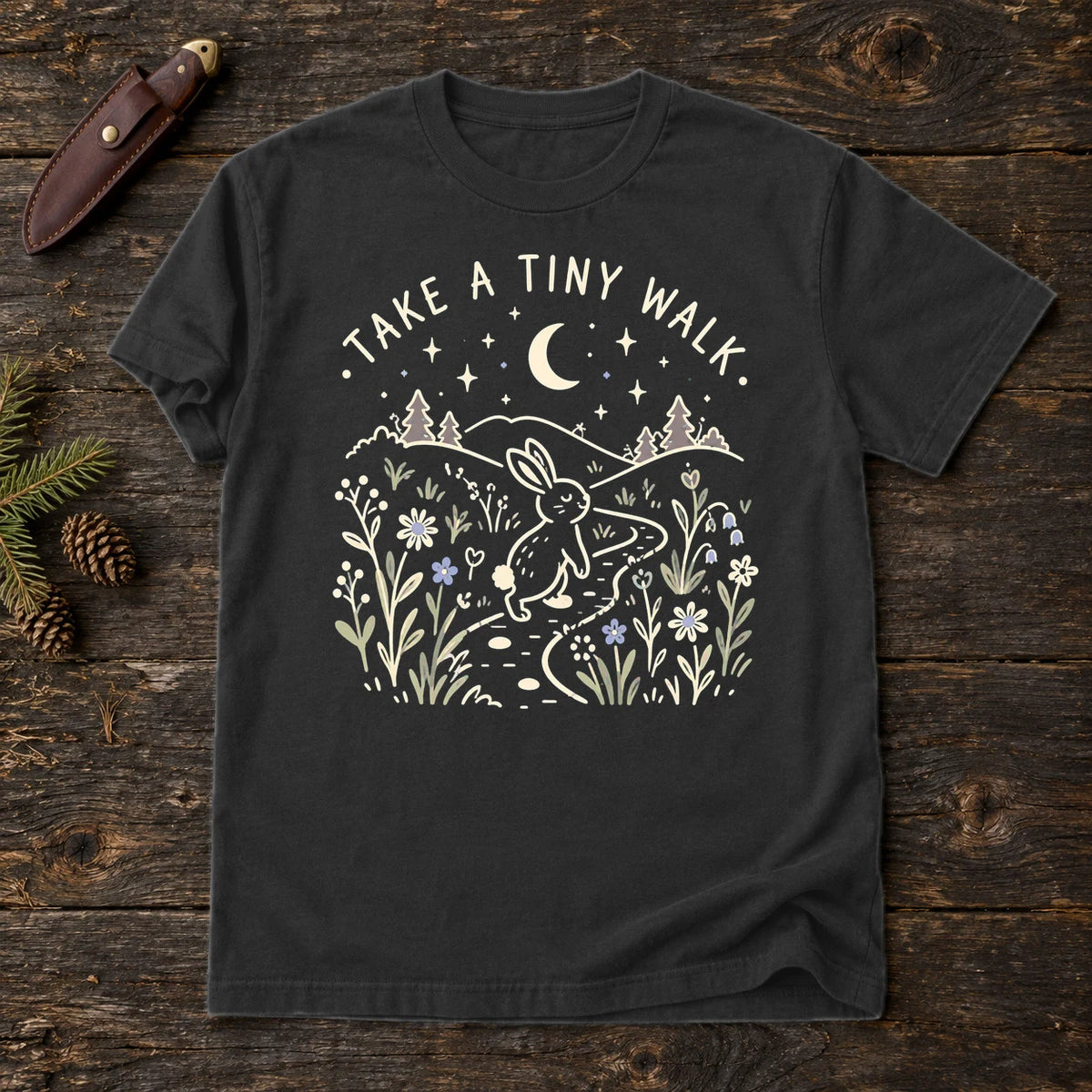 Take A Tiny Walk Bunny Graphic Tee on Black Premium Tee