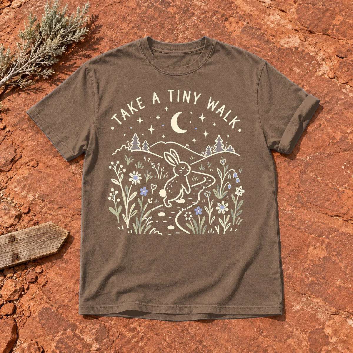 Take A Tiny Walk Bunny Graphic Tee on Espresso Premium Tee