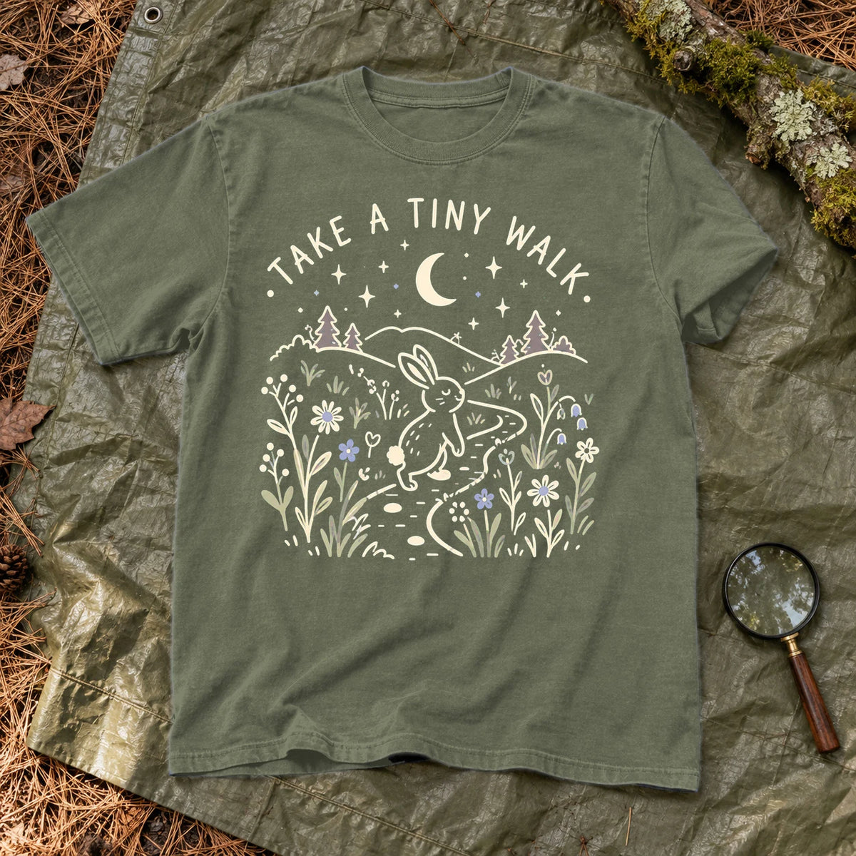 Take A Tiny Walk Bunny Graphic Tee on Moss Premium Tee