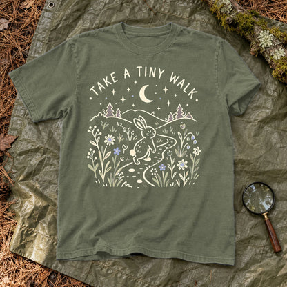 Take A Tiny Walk Bunny Graphic Tee on Moss Premium Tee