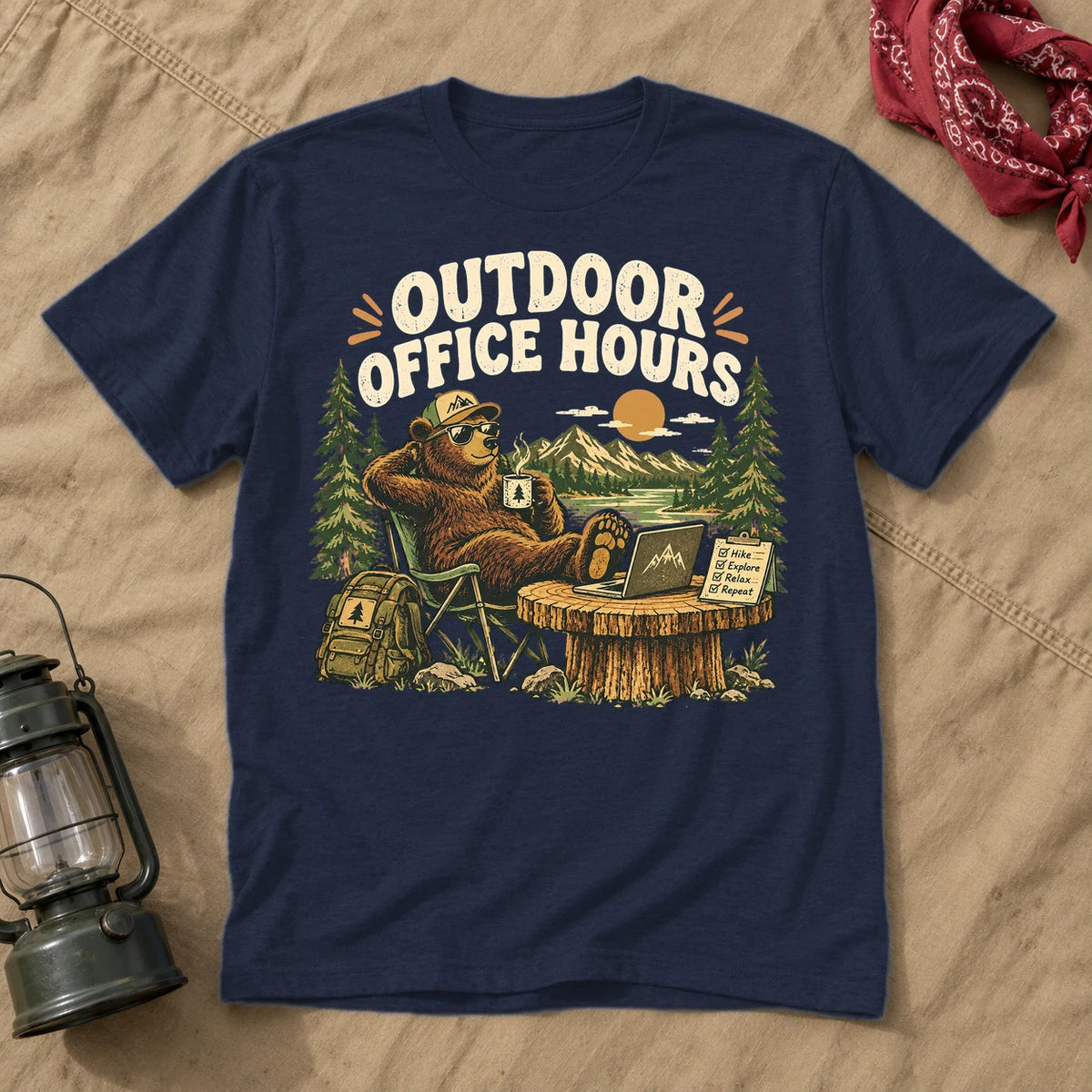 Outdoor Office Hours Bear Graphic Tee on Navy Everyday Soft Tee