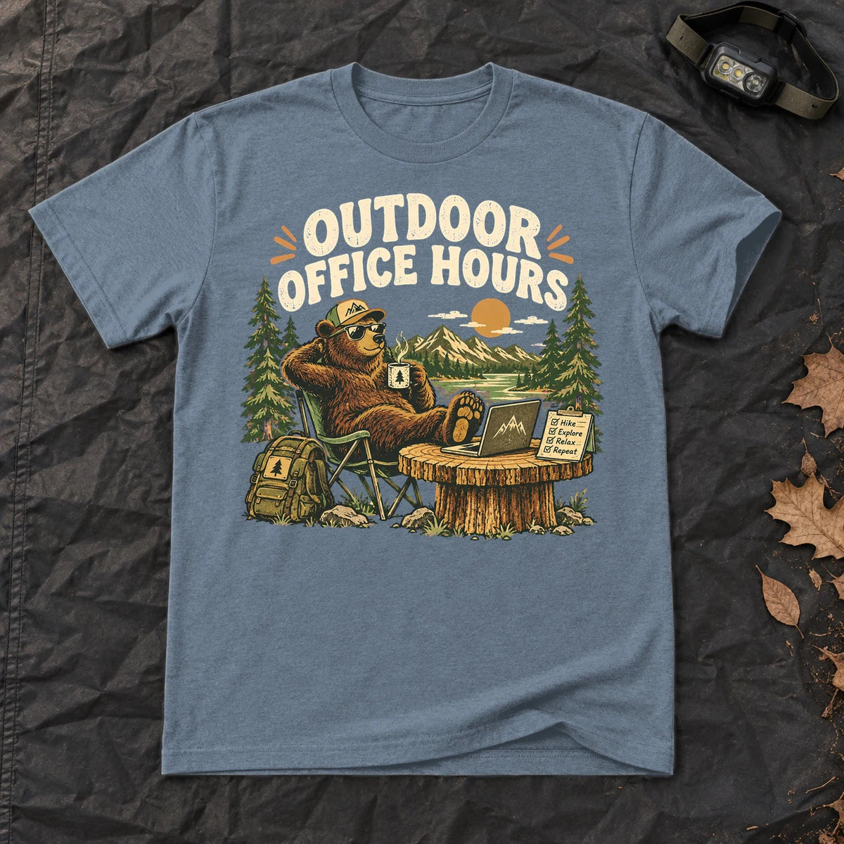 Outdoor Office Hours Bear Graphic Tee on Heather Indigo Everyday Soft Tee