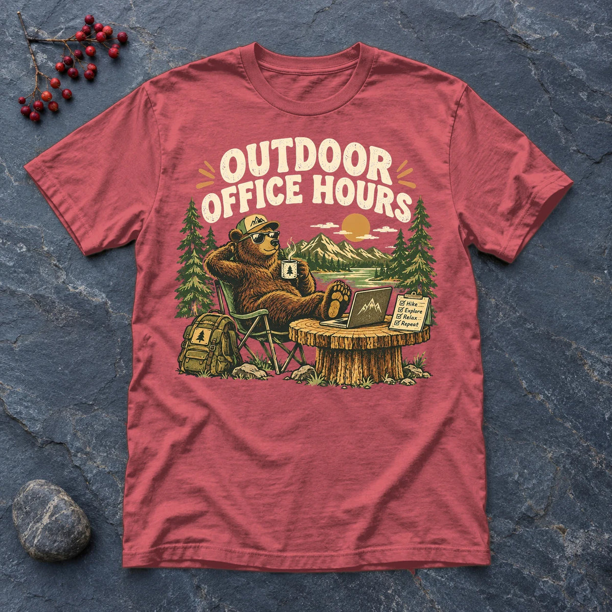 Outdoor Office Hours Bear Graphic Tee on Heather Red Everyday Soft Tee