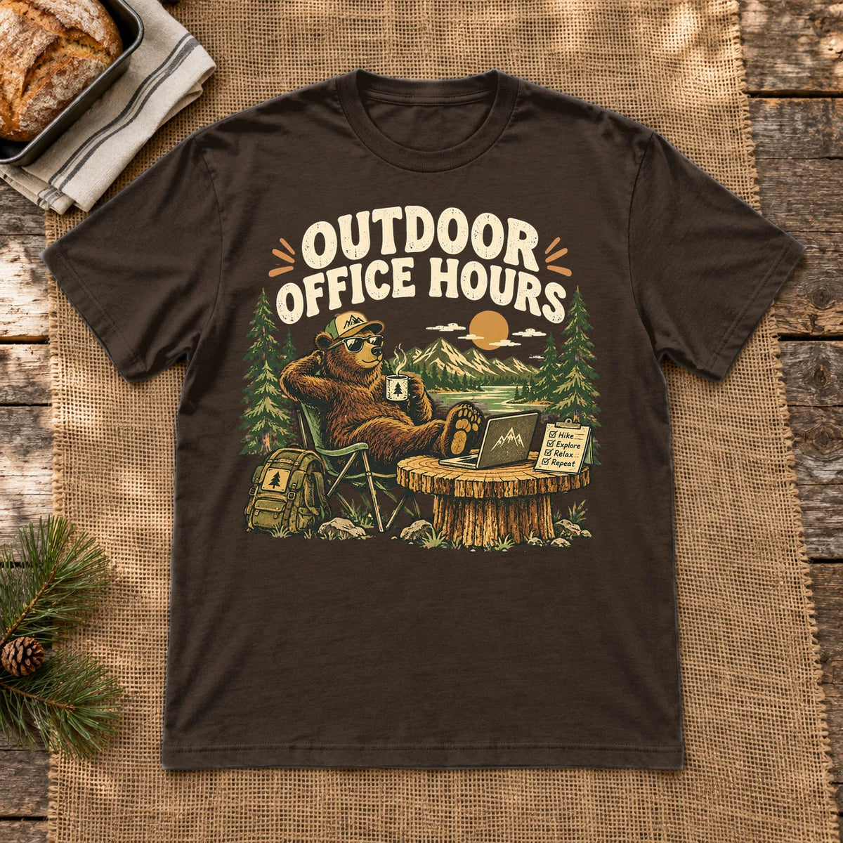 Outdoor Office Hours Bear Graphic Tee on Dark Chocolate Everyday Soft Tee