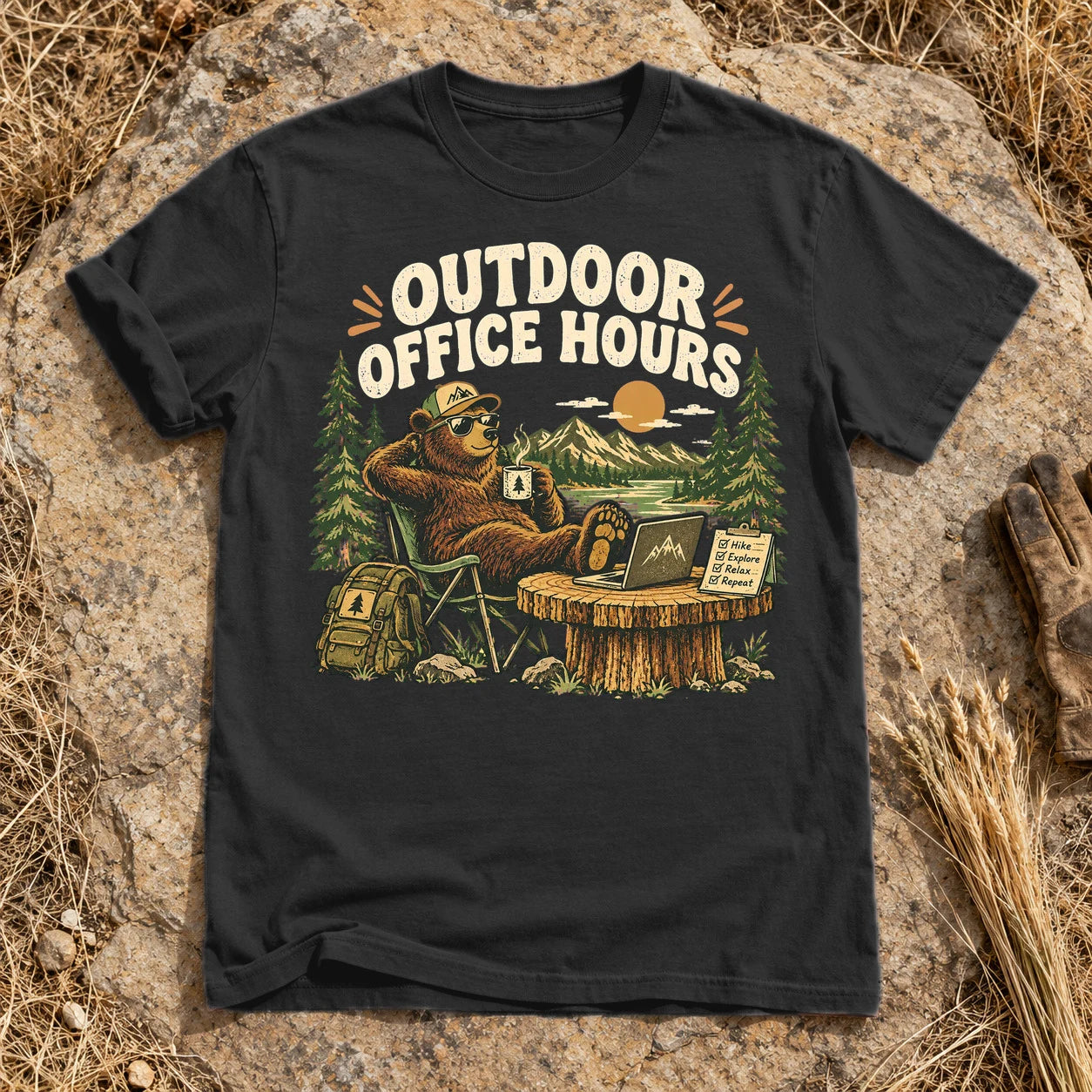 Outdoor Office Hours Bear Graphic Tee on Black Premium Tee