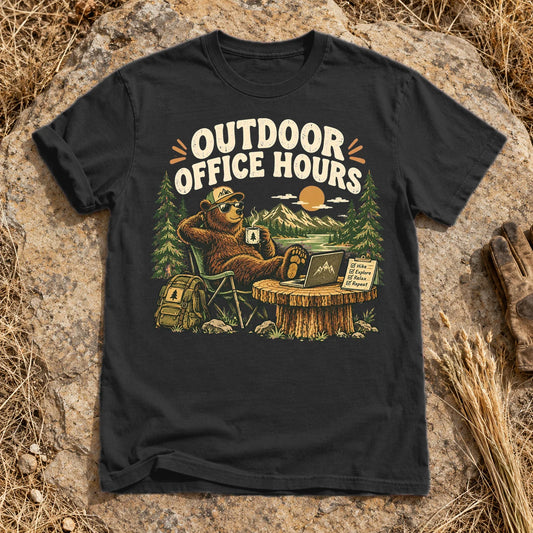 Outdoor Office Hours Bear Graphic Tee on Black Premium Tee