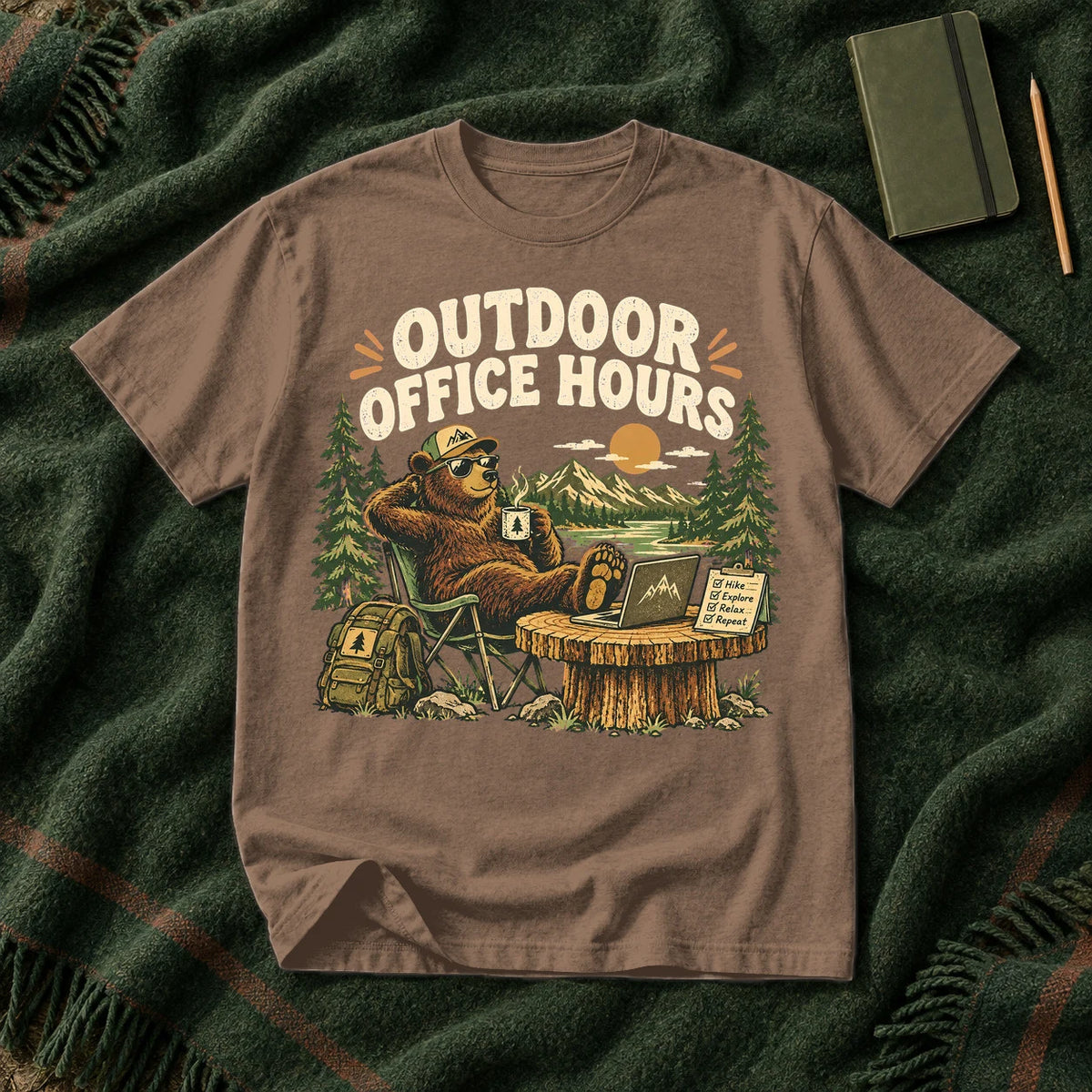 Outdoor Office Hours Bear Graphic Tee on Espresso Premium Tee