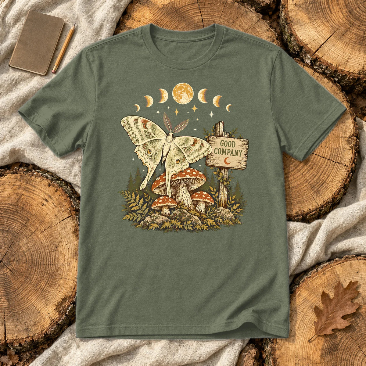 Good Company Luna Moth Graphic Tee on Military Green Everyday Soft Tee