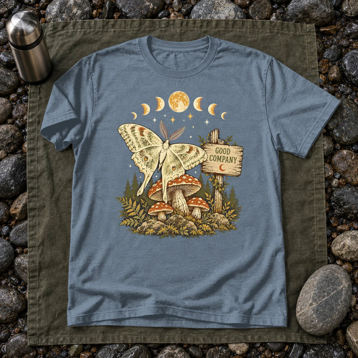 Good Company Luna Moth Graphic Tee on Heather Indigo Everyday Soft Tee