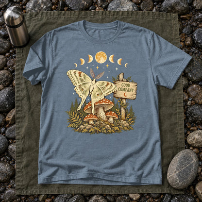 Good Company Luna Moth Graphic Tee on Heather Indigo Everyday Soft Tee
