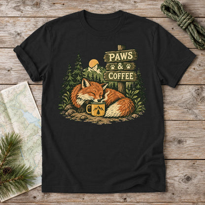 Paws & Coffee Fox Graphic Tee on Black Everyday Soft Tee
