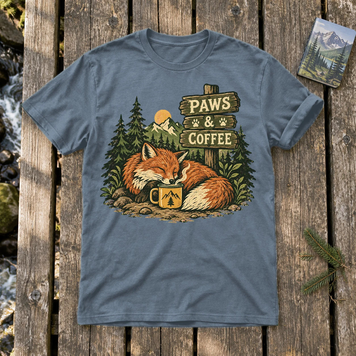 Paws & Coffee Fox Graphic Tee on Heather Indigo Everyday Soft Tee