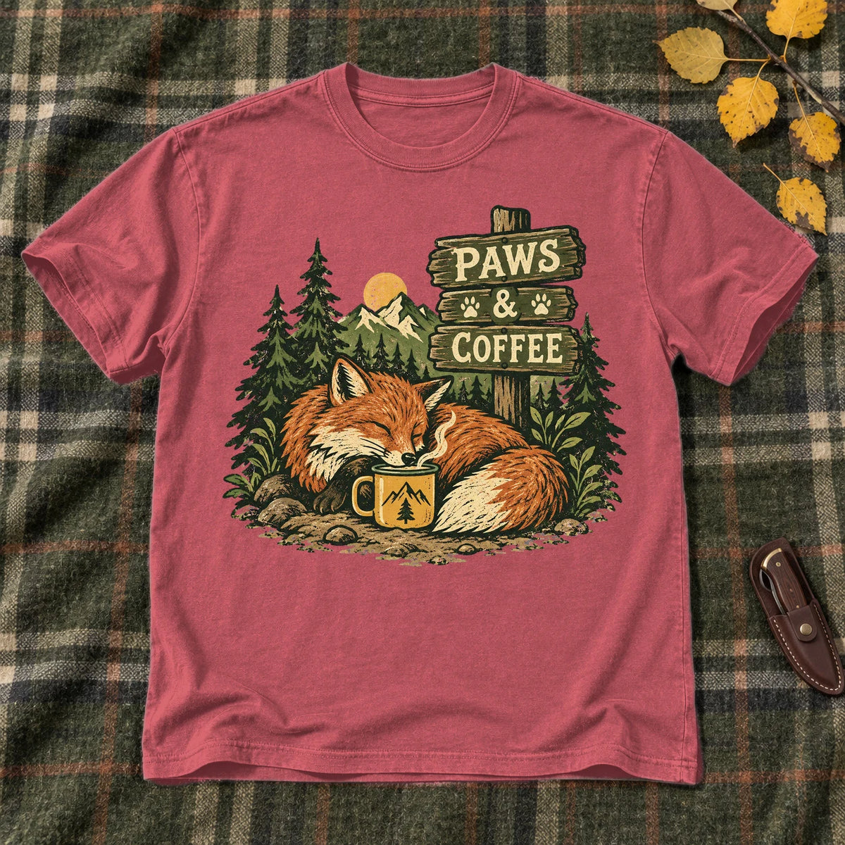 Paws & Coffee Fox Graphic Tee on Heather Red Everyday Soft Tee