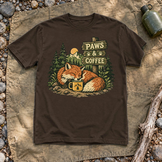 Paws & Coffee Fox Graphic Tee on Dark Chocolate Everyday Soft Tee