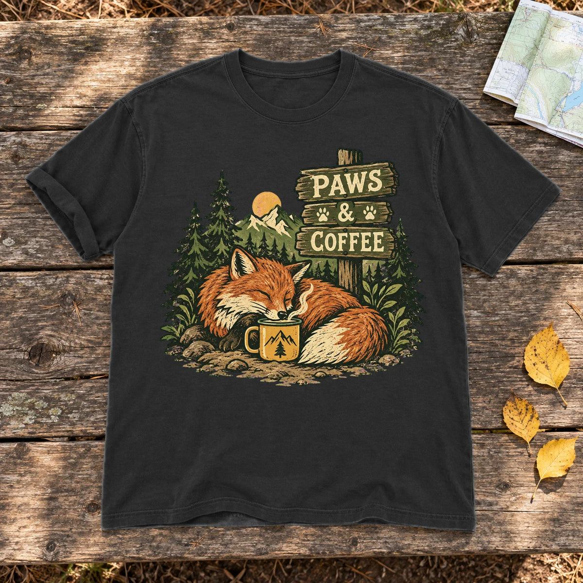 Paws & Coffee Fox Graphic Tee on Black Premium Tee